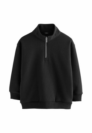 Pull over noir en sweat à capuche fabriqué en matériau molletonné doux. Il présente une fermeture éclair sur le devant, un col haut et des poignets et un ourlet côtelés. Design simple.