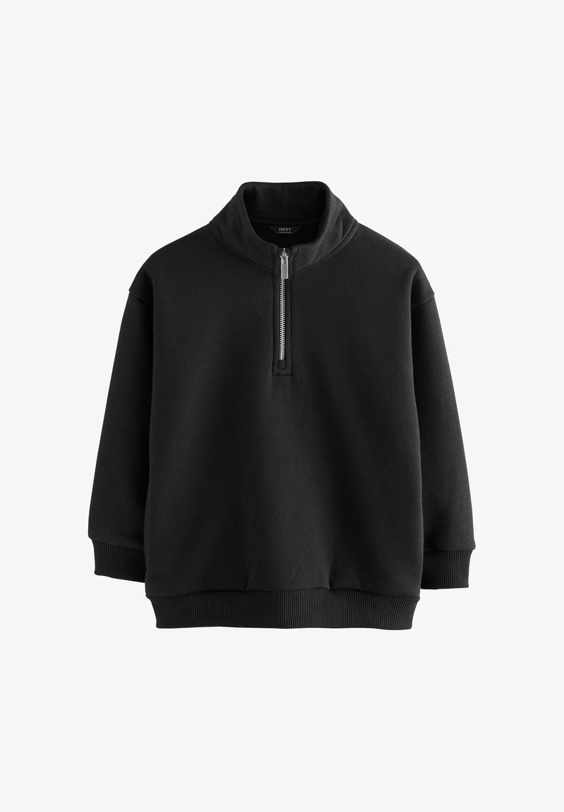 Felpa nera a pullover realizzata in morbido materiale felpato. Presenta una zip frontale a metà, un colletto alto e polsini e orlo a costine. Design semplice.