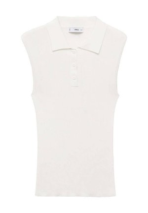White, ribbed sleeveless polo top featuring a classic collar and three button placket. Smooth texture, fitted shape, and no visible patterns.