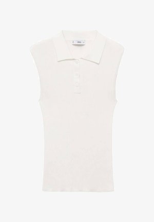 Maiou alb, cu dungi, fără mâneci, având un guler clasic și o închidere cu trei nasturi. Textură netedă, formă ajustată și fără modele vizibile.