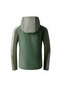 Fleecejacke in Dunkelgrün mit einer hellgrauen Kapuze und Seiteneinsätzen. Verfügt über eine glatte Textur und ein minimalistisches Design, geeignet für den Außenbereich.