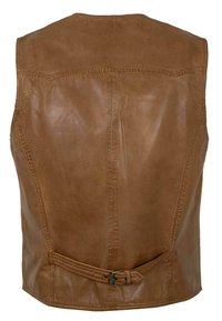 Brauner Lederwesten mit glatter Textur, ärmellosem Design und einem Gürtelakzent in der Taille. Mit Nähten an der Rückseite.