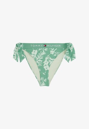 Bikiny v mint zelené barvě s květinovým vzorem, postranními vázáními a pasem s logem TOMMY HILFIGER. Hladká textura a přiléhavý střih.
