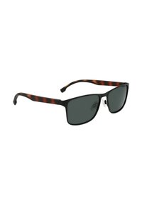 Occhiali da sole con montatura nera e lenti grigie scure, dotati di punte delle tempie con motivo tartaruga e con naselli regolabili per il comfort.