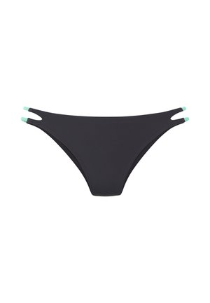 Slip bikini nero con doppie fascette laterali con estremità turchesi, mostrato su sfondo bianco.