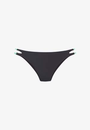 Parte inferior de bikini negra con dos correas laterales que terminan en pequeñas puntas turquesas, mostrada sobre un fondo blanco.