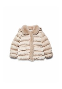 Giubbotto imbottito color beige chiaro con colletto morbido e patta frontale, caratterizzato da una texture trapuntata e due tasche con zip.