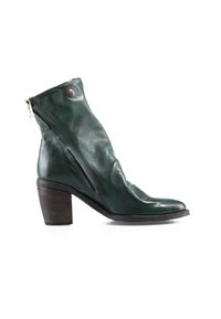 Bottine en cuir vert foncé avec talon bloc en bois, fermeture éclair latérale et détail bouton-pression, vue de côté droit sur fond blanc.