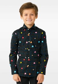 Čierna košeľa na gombíky s farebným vzorom Pac-Man, s postavičkami z arkád a dizajnmi labyrintu v modrej, červenej, ružovej a žltej farbe.