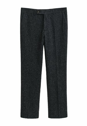 Donkergrijze gespikkelde formele broek met zijzakken, riemlussen, knoopsluiting en rechte pijpen op een witte achtergrond.