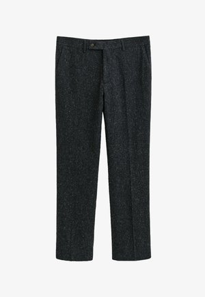 Donkergrijze gespikkelde formele broek met zijzakken, riemlussen, knoopsluiting en rechte pijpen op een witte achtergrond.