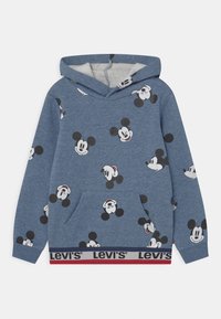 Světlemodrá mikina s kapucí a přední kapsou, na které jsou bílé a černé tváře Mickey Mouse. Doplňuje ji potištěné logo Levi's na lemu.