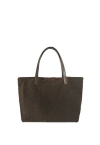 Borsa a mano marrone e soffice con superficie testurizzata; presenta due manici in pelle marrone; design spazioso adatto all'uso quotidiano.