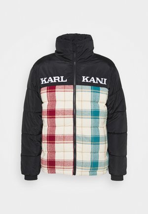 Black puffer jacket featuring a plaid design with red, cream, and teal sections, labeled "KARL KANI," and a high collar.