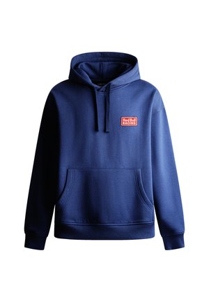 Navyblauwe hoodie met een voorzak, een trekkoordcapuchon en een rood rechthoekig "Red Bull Racing" logo op de borst. Zachte textuur van de stof.