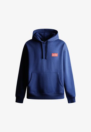 Tumesinine huppar, millel on ees tasku, nööriga kapuuts ja punane ristkülikukujuline "Red Bull Racing" logo rinnal. Pehme kangatekstuur.