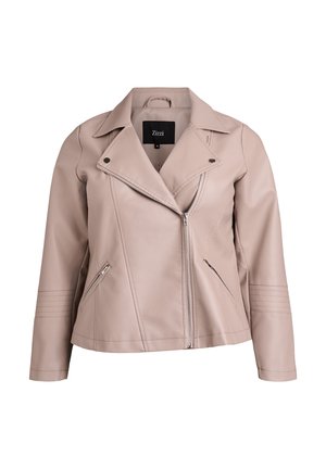 Light pink leather jacket with a fitted design, diagonal zipper closure, and two front zip pockets. Features shoulder epaulets and detailed stitching.