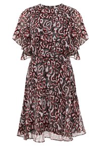 Robe à manches courtes en tissu transparent avec un motif abstrait noir, rouge et blanc, taille cintrée et jupe évasée avec un ourlet volanté.