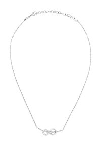 Sølv halskæde med et uendelighedssymbol i midten, med en delikat kæde og en muslingeskal-lås. Glat tekstur, minimalistisk design.