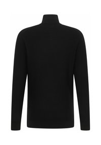 Schwarzer, langärmeliger Rollkragensweater von hinten gezeigt, mit geripptem Kragen, Bündchen und Saum.