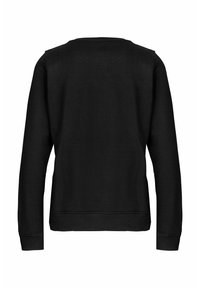 Sudadera negra con cuello redondo, mangas largas y puños acanalados. La tela parece suave con una textura blanda. La vista trasera muestra un diseño liso.