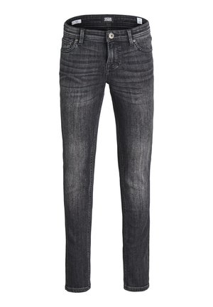 Pantalones vaqueros negros de mezclilla con un corte ajustado, diseño de cinco bolsillos, difuminado sutil y costuras visibles. Cierre de botones y presillas para cinturón incluidas.