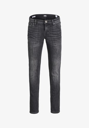 Pantalones vaqueros negros de mezclilla con un corte ajustado, diseño de cinco bolsillos, difuminado sutil y costuras visibles. Cierre de botones y presillas para cinturón incluidas.