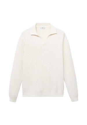White knit pullover with a v-neck and collar. Features a textured pattern and ribbed cuffs and hem. Fabric appears soft and warm.