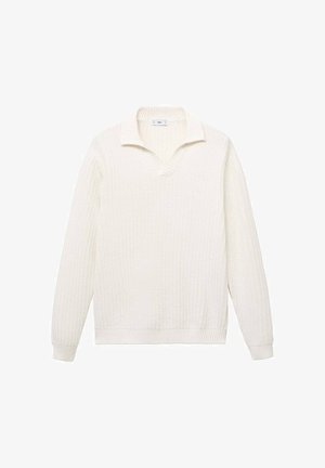 Jersey blanco con cuello en V. Presenta un patrón texturizado y puños y dobladillo de canalé. La tela parece suave y cálida.