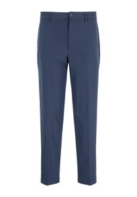 Pantaloni blu navy con motivo a righe, dotati di chiusura con bottone, passanti per cintura e tasche laterali per una vestibilità su misura.