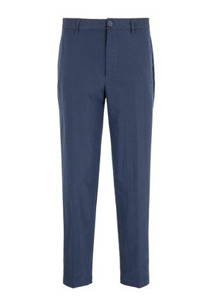Pantaloni blu navy con motivo a righe, dotati di chiusura con bottone, passanti per cintura e tasche laterali per una vestibilità su misura.
