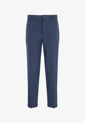 Pantaloni blu navy con motivo a righe, dotati di chiusura con bottone, passanti per cintura e tasche laterali per una vestibilità su misura.