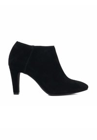 Black suede ankle boot with a pointed toe and a stiletto heel. Features a smooth texture and a simple design without visible hardware.