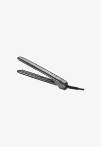 Plancha de pelo con un acabado metálico negro elegante, placas planas alargadas, bordes redondeados y un cable de alimentación adjunto para su uso eléctrico.