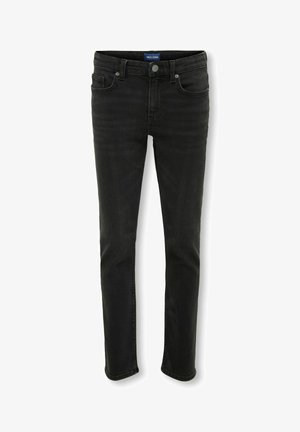 Jean en denim noir avec une coupe slim, design à cinq poches, braguette zippée et bouton en métal. Présente un léger décoloration et des détails de surpiqûres.