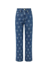 Tmavomodré denimové džínsy s kvetinovým vzorom, s vysokým pásom a rovnými nohavicami, s použitím zlatých kovových doplnkov a jemnou textúrou.