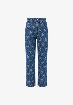 Jeans de denim em azul escuro com um padrão floral, de cintura alta, design de perna reta, apresentando detalhes em tom de ouro e uma textura subtil.
