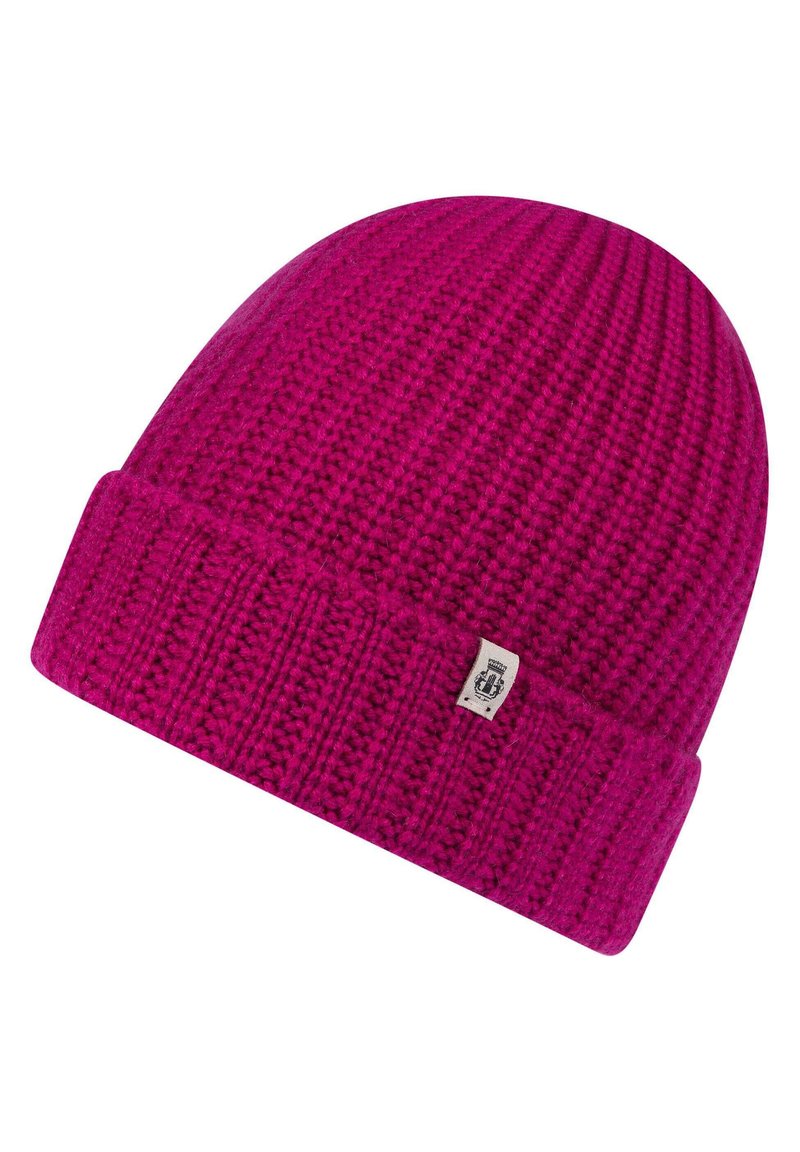 Fuchsia knitted beanie with a ribbed texture and fold-up cuff. Features a small logo tag on the cuff. Soft material, snug fit.