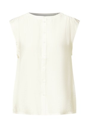 Blouse blanche sans manches avec un col rond et un devant boutonné. Fabriquée en tissu lisse et léger avec une texture légèrement froissée.