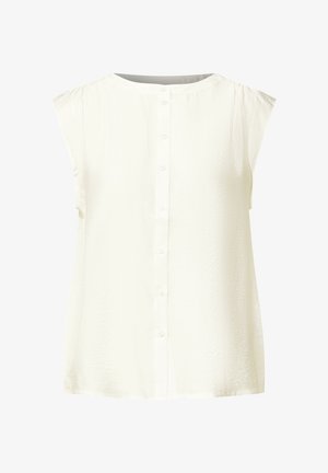 Bezrękawowa biała bluzka z okrągłym dekoltem i zapięciem na guziki z przodu. Wykonana z gładkiego, lekkiego materiału o nieco pomarszczonej fakturze.