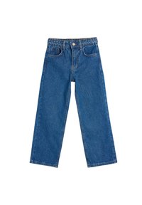 Vaqueros de mezclilla en azul, con un diseño de pierna recta, cintura alta con acentos tejidos, estilo de cinco bolsillos y detalles de costura en contraste.
