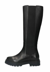 Black knee-high boots featuring a smooth leather body with elastic side panels, a chunky rubber sole, and a rounded toe design.