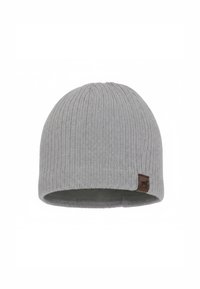 Gray knitted beanie with ribbed texture, featuring a folded hem and a small brown leather logo tag for added detail.