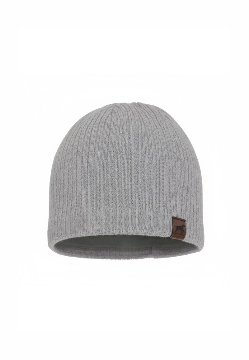 Gray knitted beanie with ribbed texture, featuring a folded hem and a small brown leather logo tag for added detail.