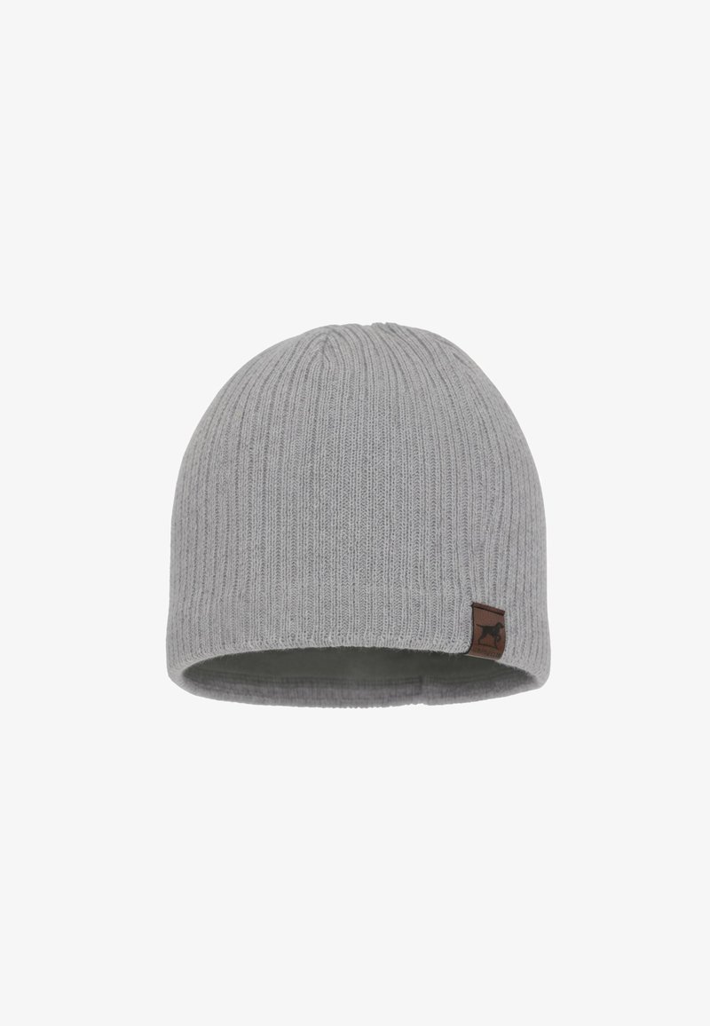 Gray knitted beanie with ribbed texture, featuring a folded hem and a small brown leather logo tag for added detail.