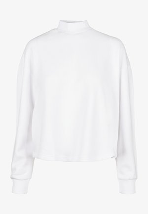 Fehér, oversize pulóver magas nyakkivágással, hosszú ujjakkal és bordázott mandzsettákkal. Simma textúra és egyszerű dizájn. Nincsenek különleges minták.