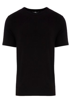 Czarna koszulka z krótkim rękawem o klasycznym dekolcie, wykonana z miękkiego materiału. Minimalistyczny design, bez wzorów i widocznych logo.