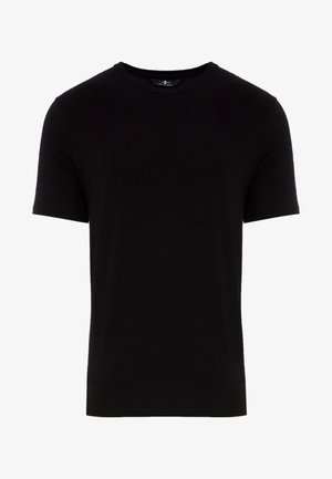 Czarna koszulka z krótkim rękawem o klasycznym dekolcie, wykonana z miękkiego materiału. Minimalistyczny design, bez wzorów i widocznych logo.