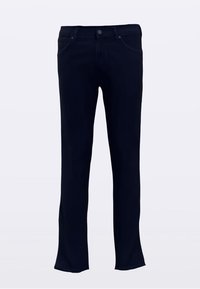 Tmavomodré denimové nohavice s úzkym strihom, obsahujúce päť vreciek, zapínanie na gombíky a mierny elastický materiál pre pohodlie. Plochá textúra bez vzorov.