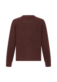 Pull en maille marron à manches longues vu de dos, avec un col rond et un design simple et sans ornement.